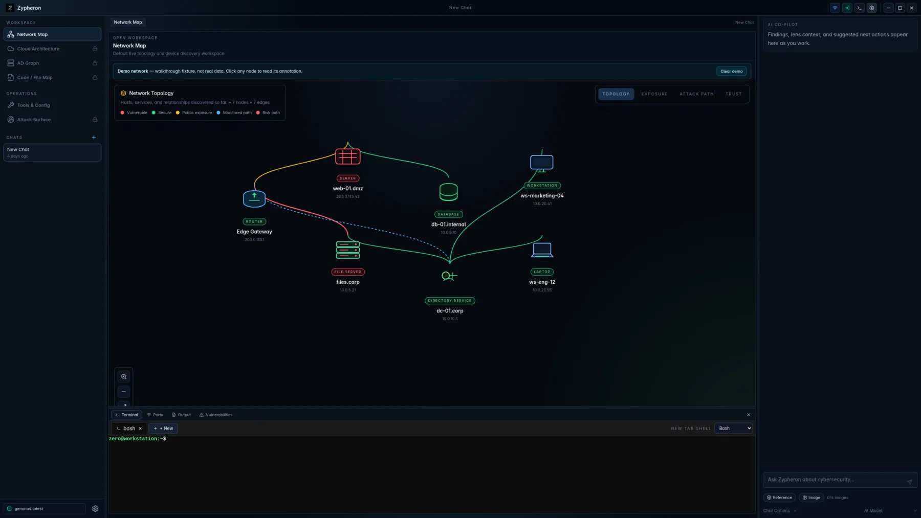 Zypheron Desktop IDE: multi-tab workspace with network map and AI co-pilot